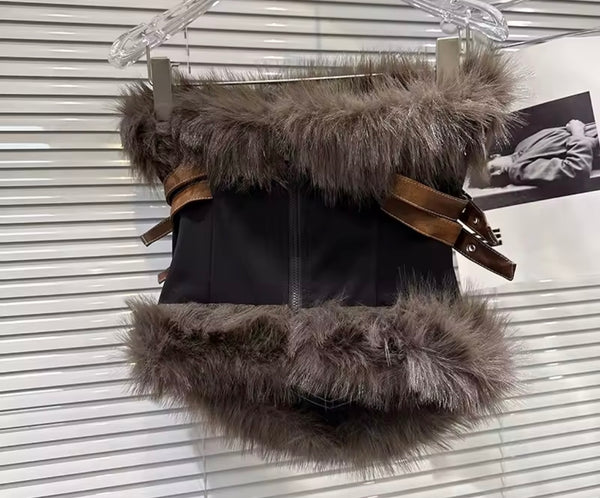 Women Fashion Strapless Fur Patchwork Corset Top