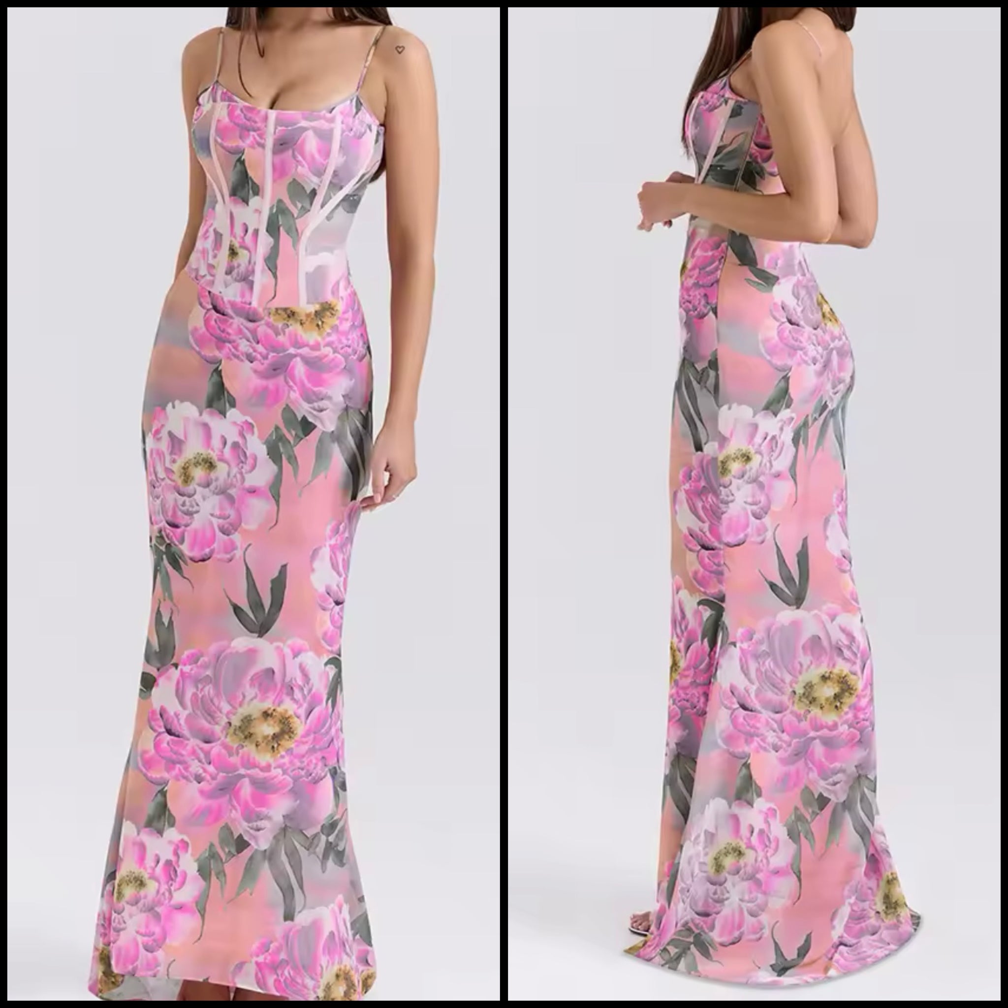Women Sexy Sleeveless Pink Floral Print Maxi Dress
