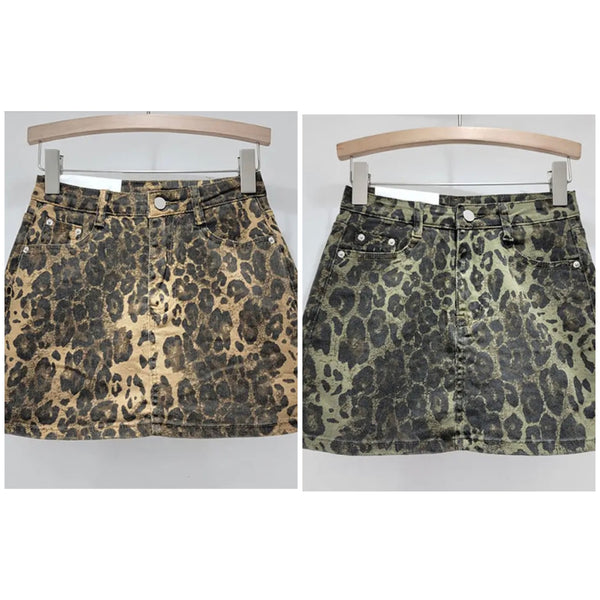 Women Fashion Color Leopard Print Denim Skirt