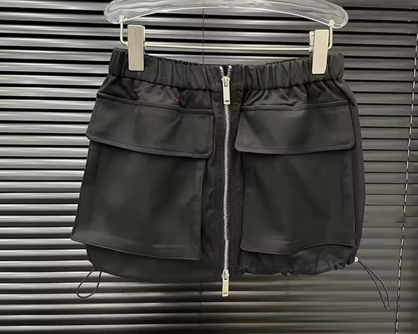 Women Striped Black Off The Shoulder Zip Up Two Piece Skirt Set
