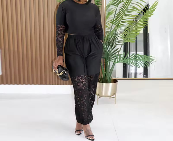 Women Black Lace Patchwork Full Sleeve Two Piece Pant Set