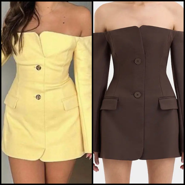 Women Sexy Off The Shoulder Button Up Full Sleeve Blazer Dress