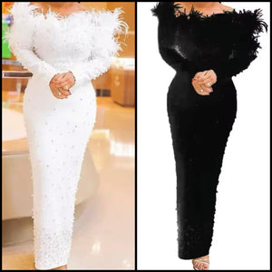 Women Sexy Solid Color Off The Shoulder Beaded Feather Maxi Dress