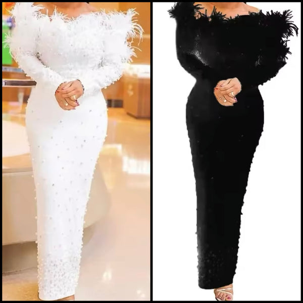 Women Sexy Solid Color Off The Shoulder Beaded Feather Maxi Dress