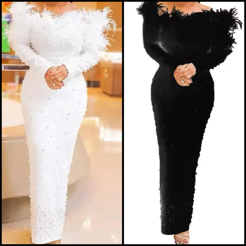 Women Sexy Solid Color Off The Shoulder Beaded Feather Maxi Dress