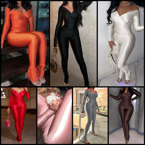 Women Sexy Solid Color Full Sleeve Two Piece Pant Set