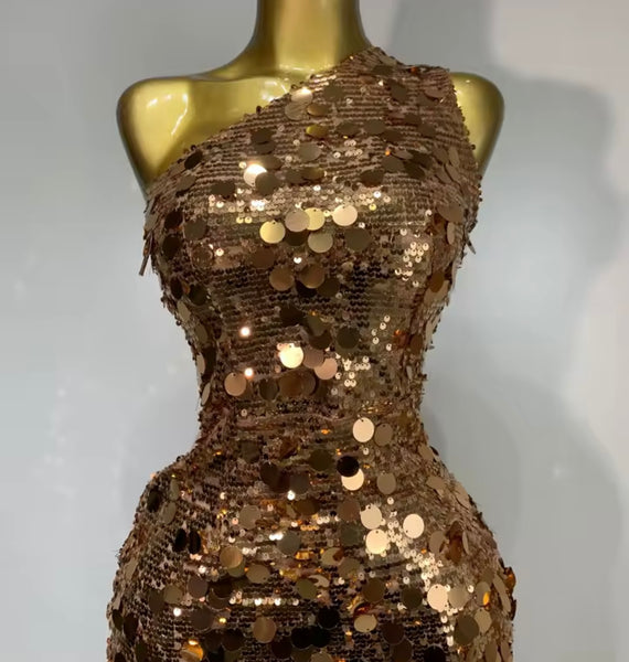 Women Sexy One Shoulder Gold Sequins Asymmetrical Dress