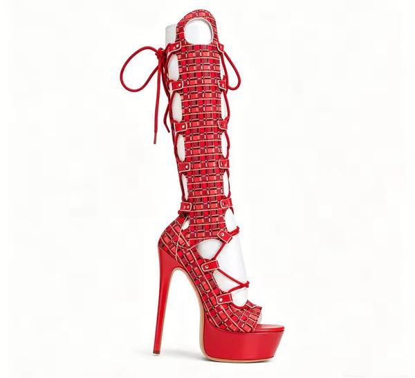 Women Fashion Open Toe Platform Lace Up Knee High Boots