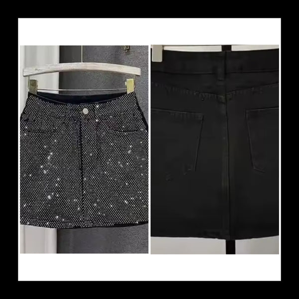 Women Bling Patchwork Fashion Black Denim Skirt