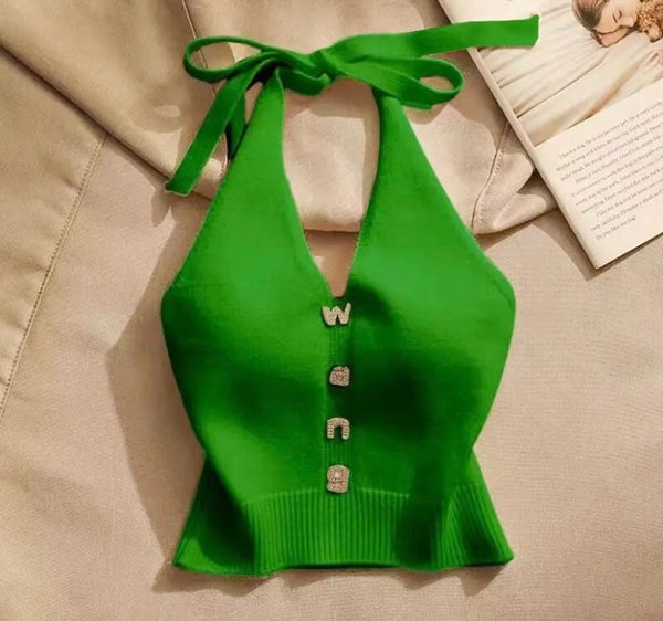 Women Fashion Sleeveless Halter Bling Letter Print Crop Top