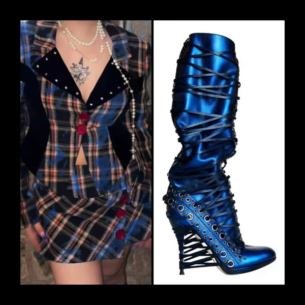 Women Fashion Rivet Collar Plaid Blazer Two Piece Skirt Set
