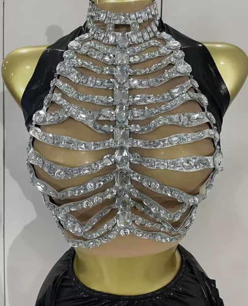 Women Sexy Sleeveless Crystal PU Two Piece Short Set