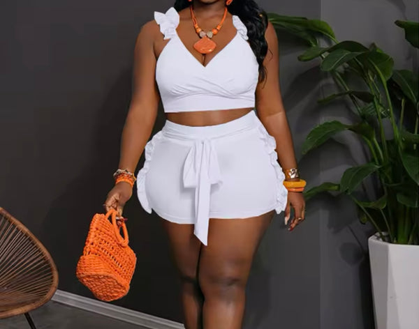Women Solid Color Sleeveless Ruffled Two Piece Short Set