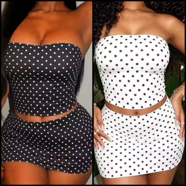 Women Sexy Strapless Polka Dot Two Piece Skirt Set