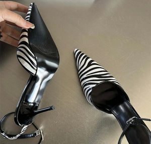 Women Fashion Zebra Print Ankle Strap High Heels