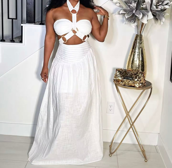 Women White Halter Sleeveless Sexy Two Piece Maxi Skirt Set