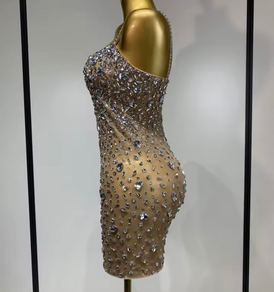 Women Sexy Sleeveless Rhinestone Mesh Dress