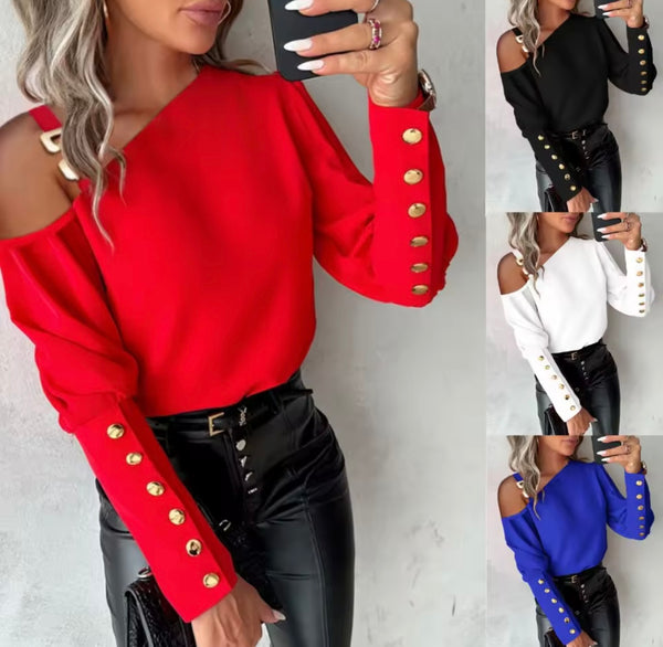 Women Metal Full Button Sleeve Fashion Top
