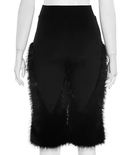 Women Fashion Black Feather Mesh Patchwork Capri Pants