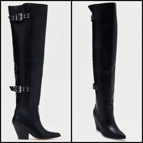 Women Black Buckled Fashion Over The Knee Western Boots