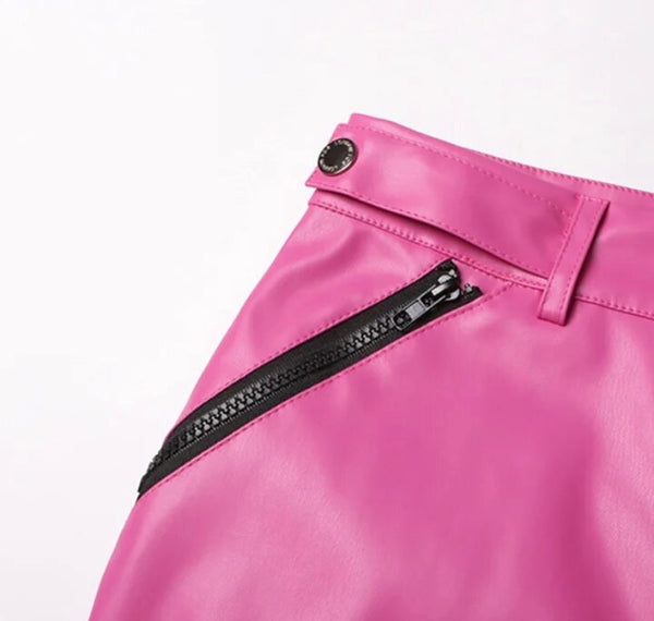 Women Pink Faux Leather Fashion Zipper Cargo Pants