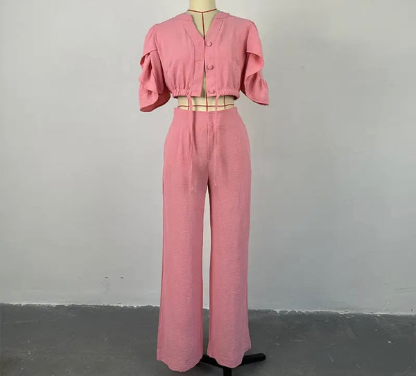 Women Pink Button Up Short Sleeve Fashion Two Piece Pant Set