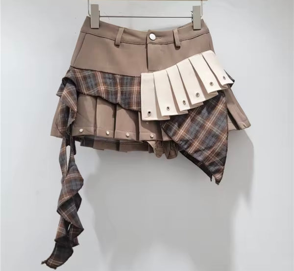 Women Color Patchwork Plaid Pleated Fashion Skirt