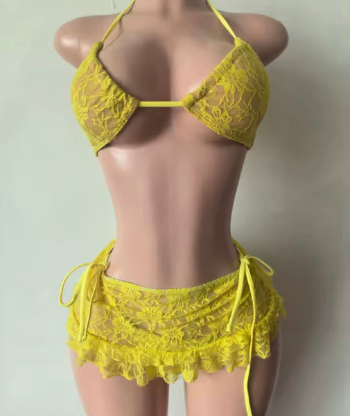Women Sexy Tie Up Lace Bikini Cover Up Set