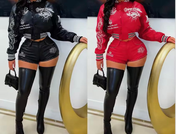 Women Printed Faux Leather Jacket Two Piece Short Set