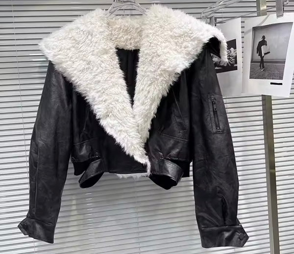 Women Fashion Color Faux Fur Leather Jacket