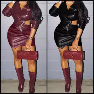 Women Color Fashion Faux Leather Two Piece Skirt Set