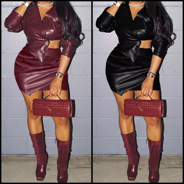 Women Color Fashion Faux Leather Two Piece Skirt Set