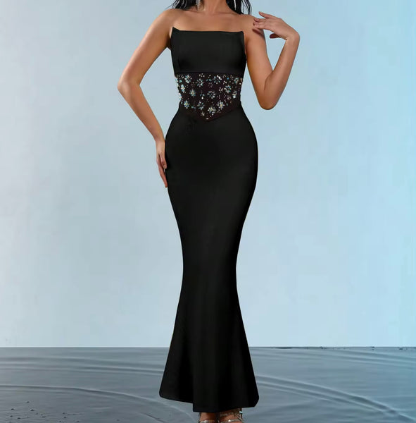 Women Sexy Strapless Rhinestone Mesh Patchwork Maxi Dress