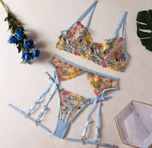 Women Sexy Colorful Floral Mesh Lingerie Set