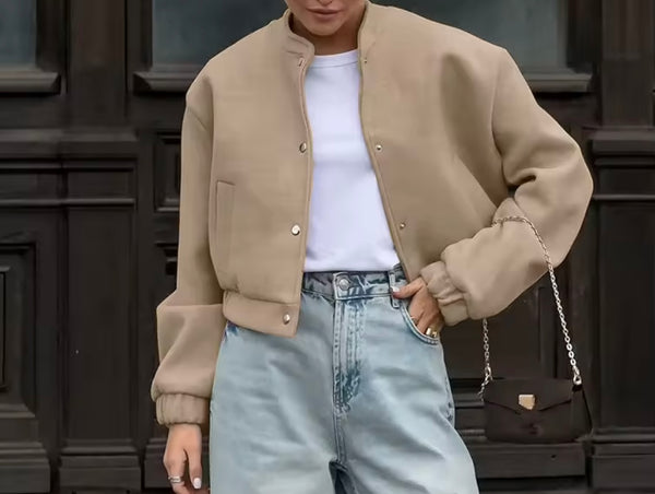 Women Fashion Khaki Button Up Bomber Jacket