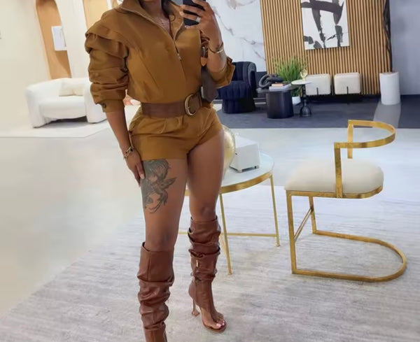 Women Fashion Brown Collar Full Sleeve Romper