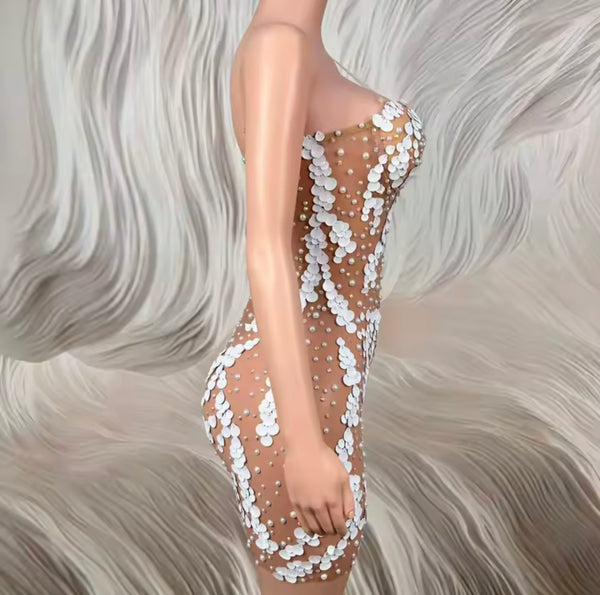 Women Sexy Sleeveless White Beaded Sequins Mesh Dress