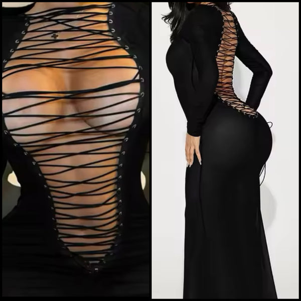 Women Sexy Open Lace Up Black Full Sleeve Short/Maxi Dress