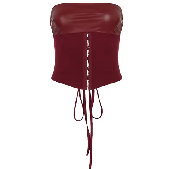 Women Sexy Burgundy Strapless Tie Up Two Piece Skirt Set