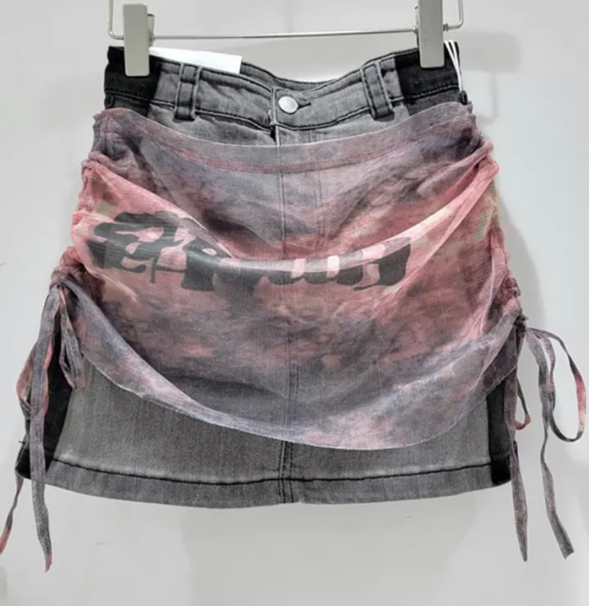 Women Fashion Color Patchwork Mesh Denim Skirt
