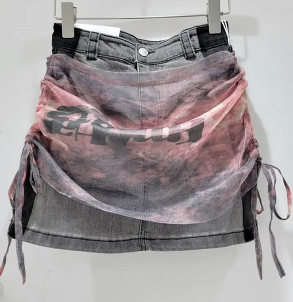 Women Fashion Color Patchwork Mesh Denim Skirt
