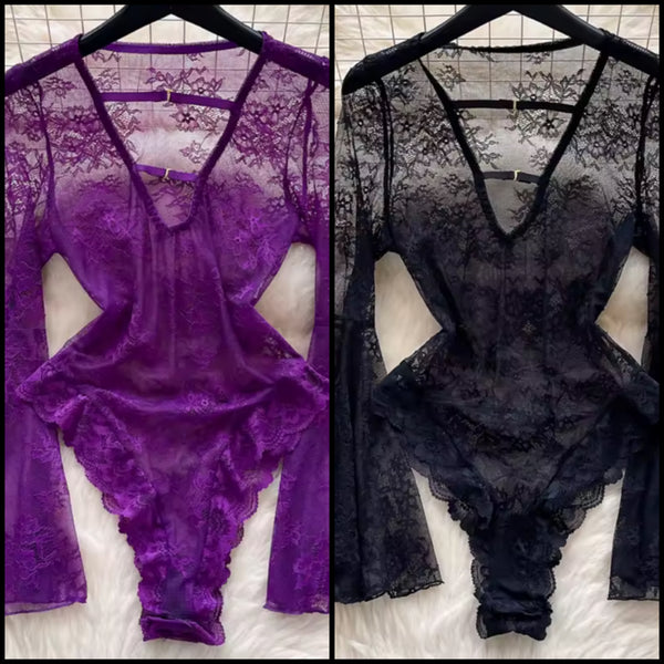 Women Sexy Fashion Lace Full Sleeve Bodysuit Top