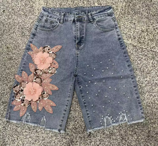 Women Fashion Pink Beaded Floral Rhinestone Denim Shorts