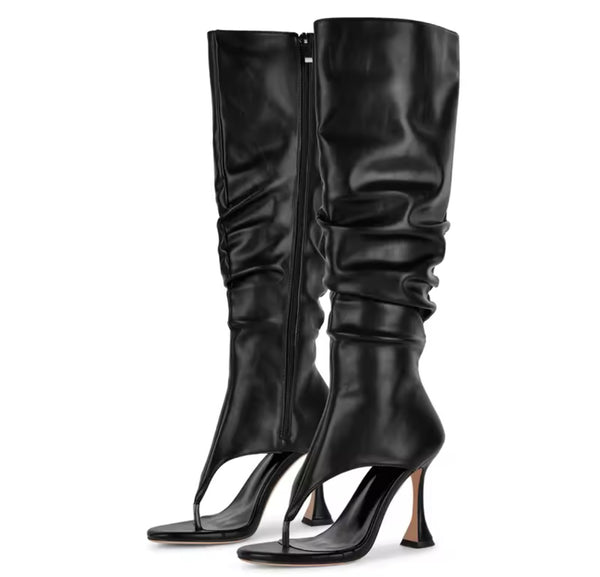 Women Fashion Open Toe Ruched High Heel Knee High Boots