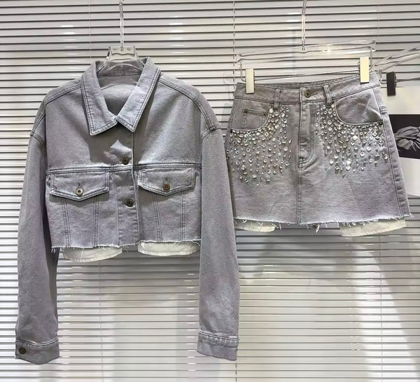 Women Gray Rhinestone Denim Jacket Two Piece Skirt Set