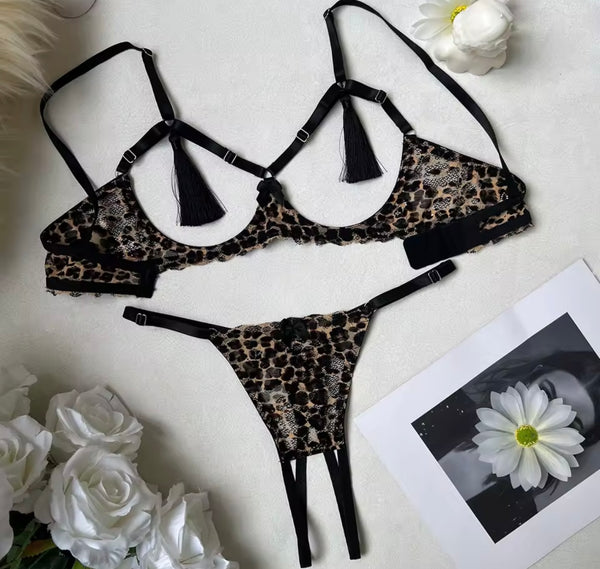 Women Sexy Leopard Print Cut Out Tassel Lingerie Set