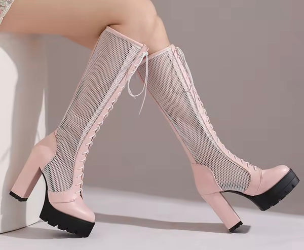 Women Color Buckled Mesh Lace Up Platform Knee High Fashion Boots