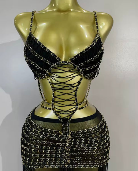 Women Black Sleeveless Chain Cut Out Sexy Maxi Dress