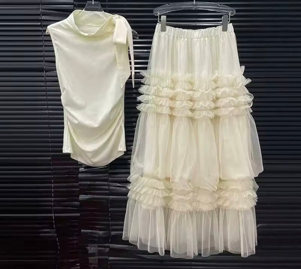 Women Ruched Bow Sleeveless Two Piece Ruffled Maxi Skirt Set