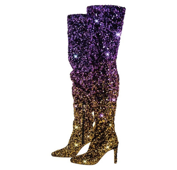 Women Over The Knee Color Patchwork Sequins Fashion Boots